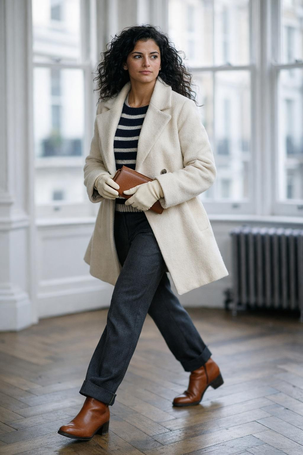 Casual winter outfits with cream wool peacoat and navy striped sweater