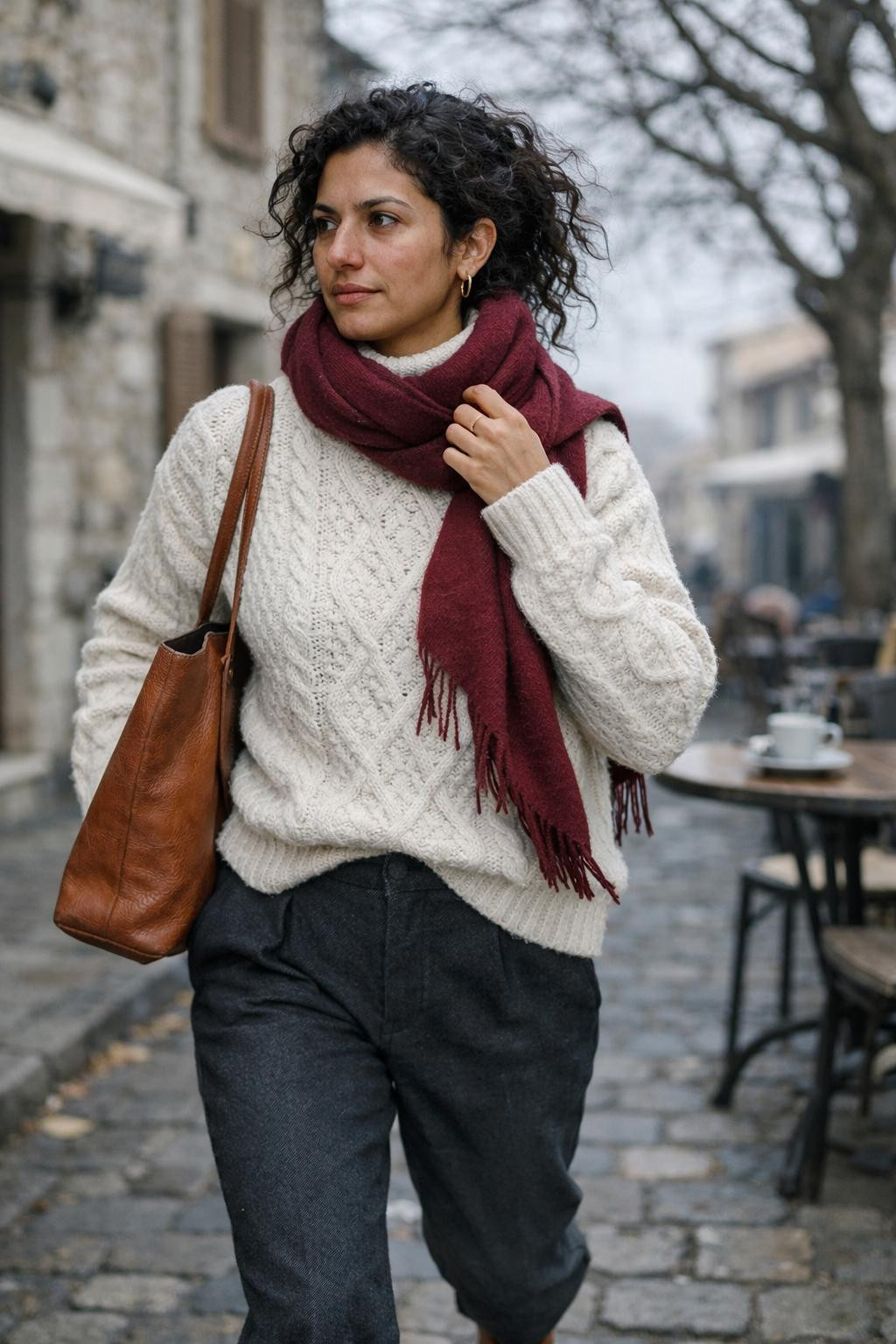 Casual winter outfits with cream cable-knit turtleneck and burgundy wool scarf