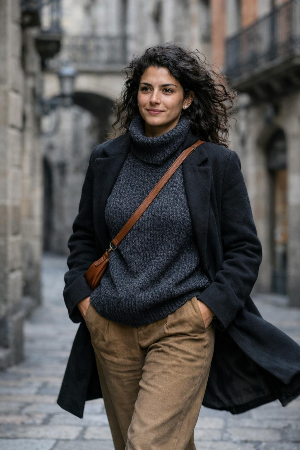 Casual winter outfits with charcoal turtleneck and camel wide-leg trousers