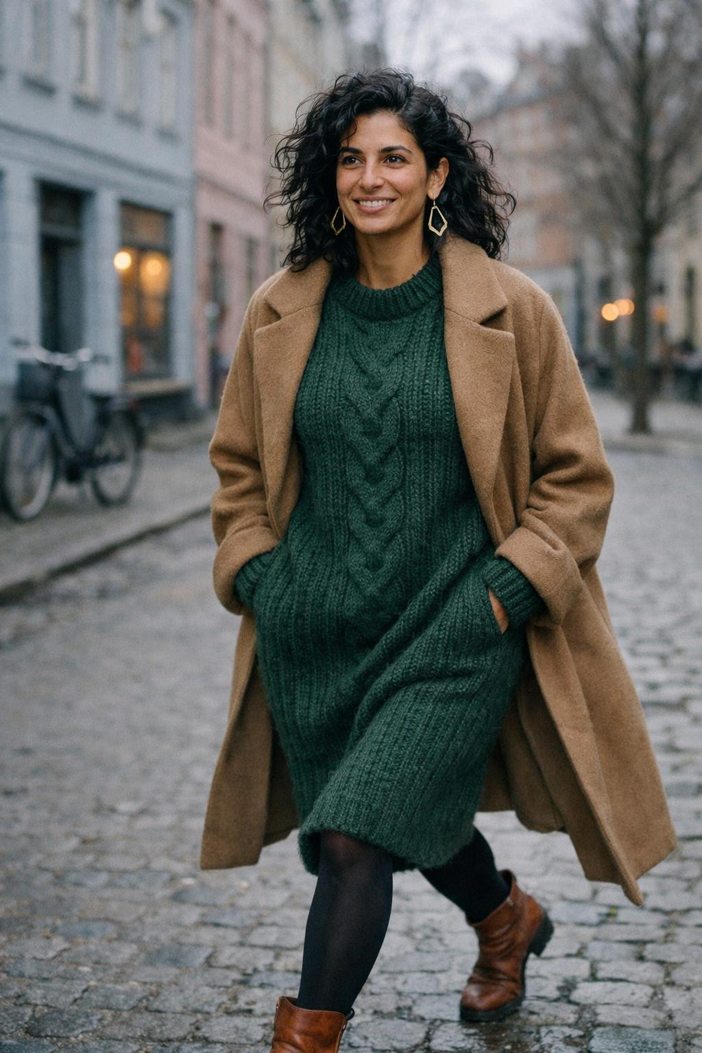 Casual winter outfits with forest green cable-knit midi dress