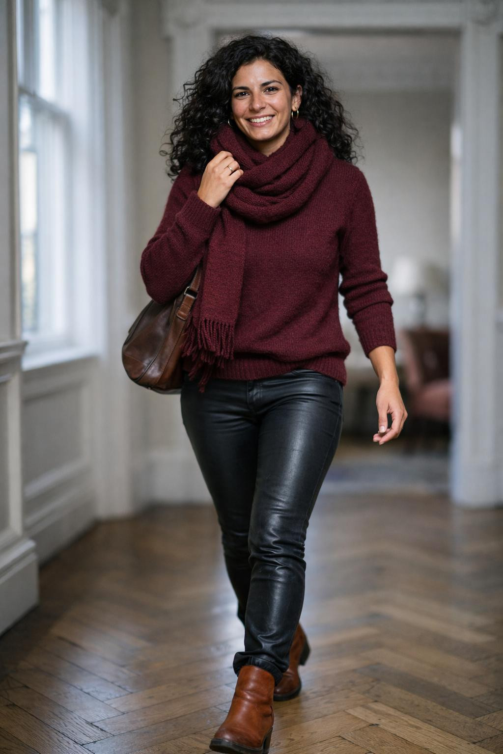 Casual winter outfits with burgundy cashmere turtleneck and leather pants