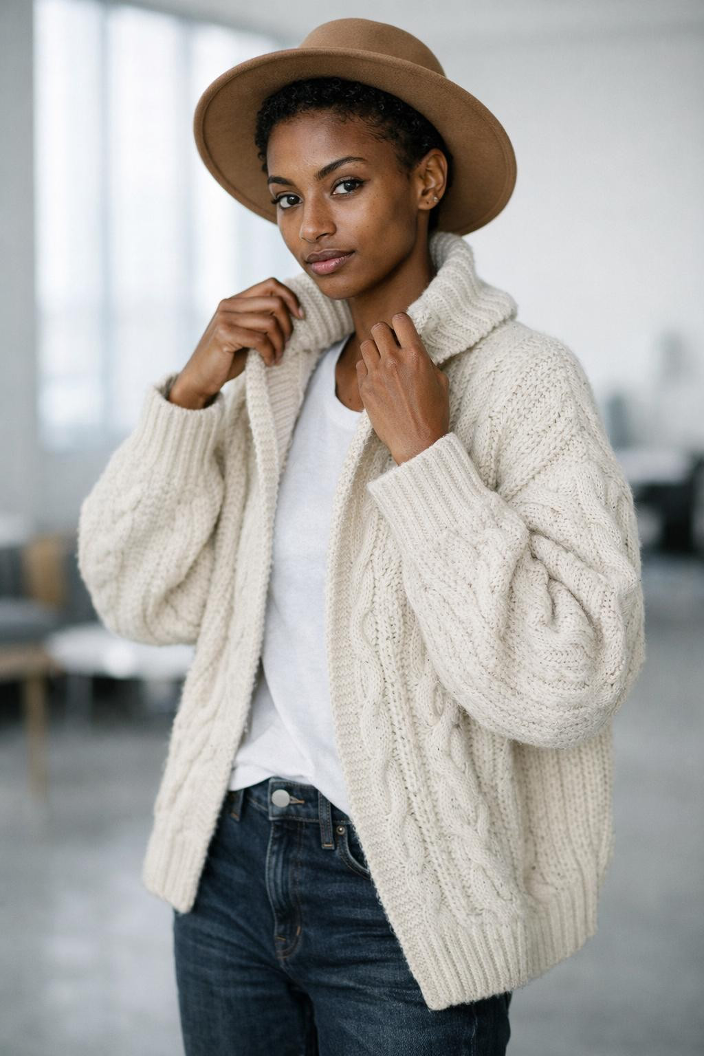 Casual winter outfits with cream cable-knit cardigan and camel felt hat
