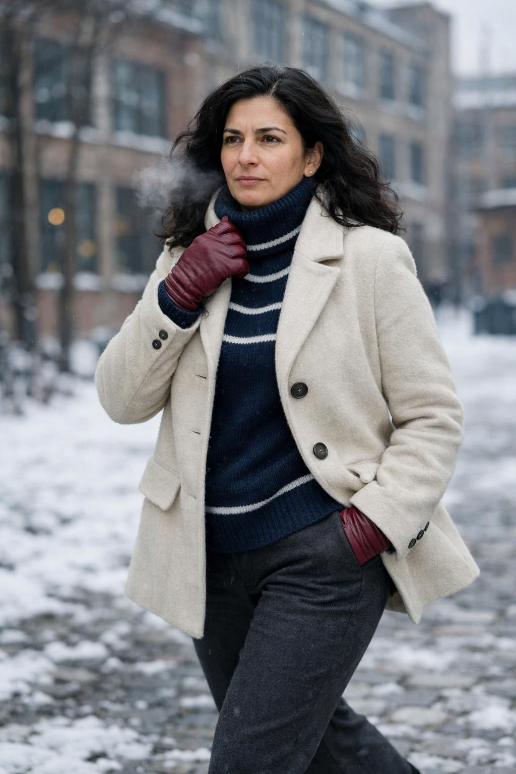 Casual winter outfits with cream wool peacoat and navy striped sweater
