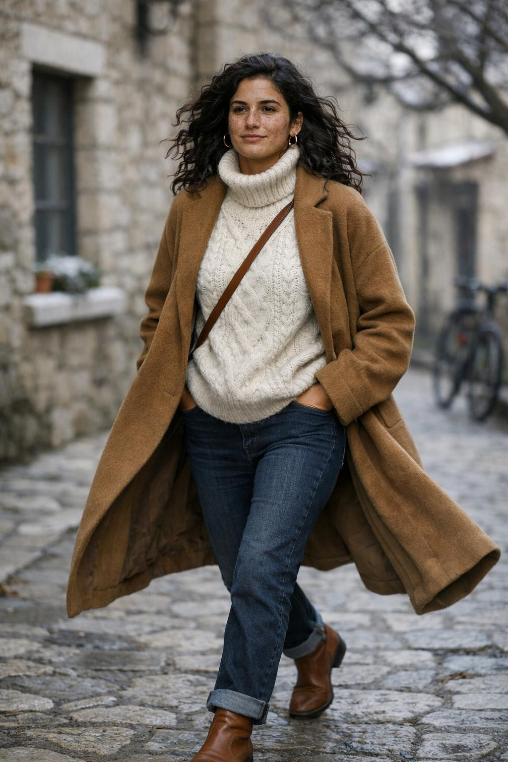Cute winter outfits with chunky cream turtleneck and oversized camel coat