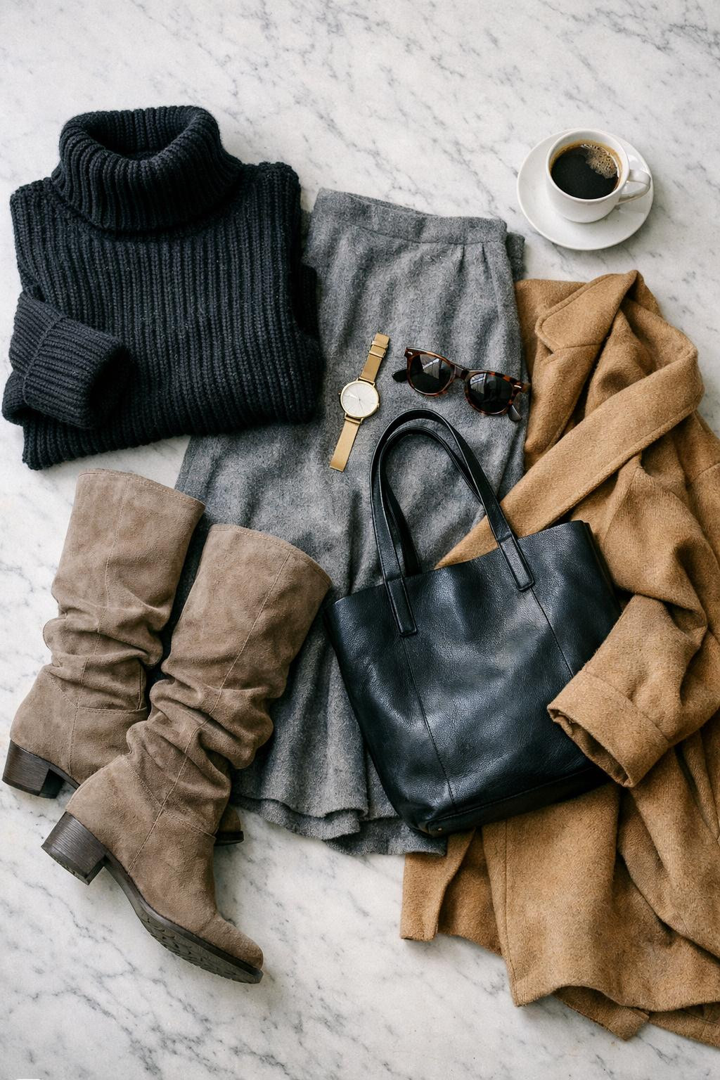 Cute winter outfits flat lay with black turtleneck and grey midi skirt