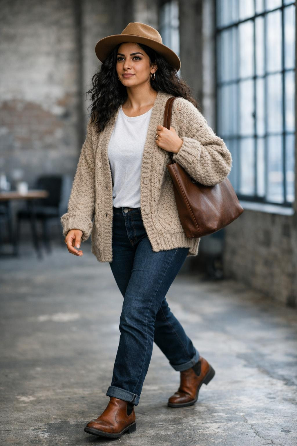 Cute winter outfits with oversized beige cardigan and wide-brim hat
