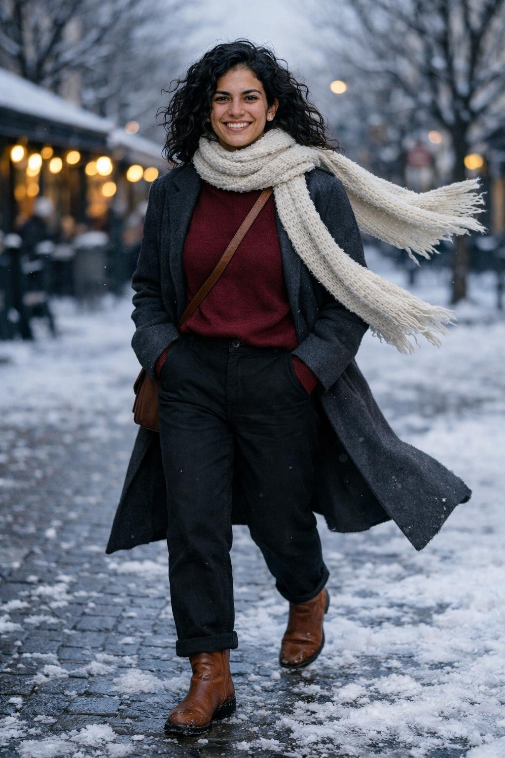 Cute winter outfits with burgundy cashmere turtleneck and charcoal coat