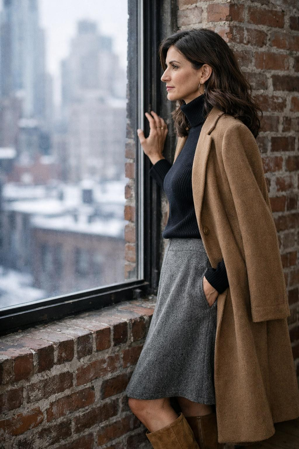 Cute winter outfits with black ribbed turtleneck and grey midi skirt