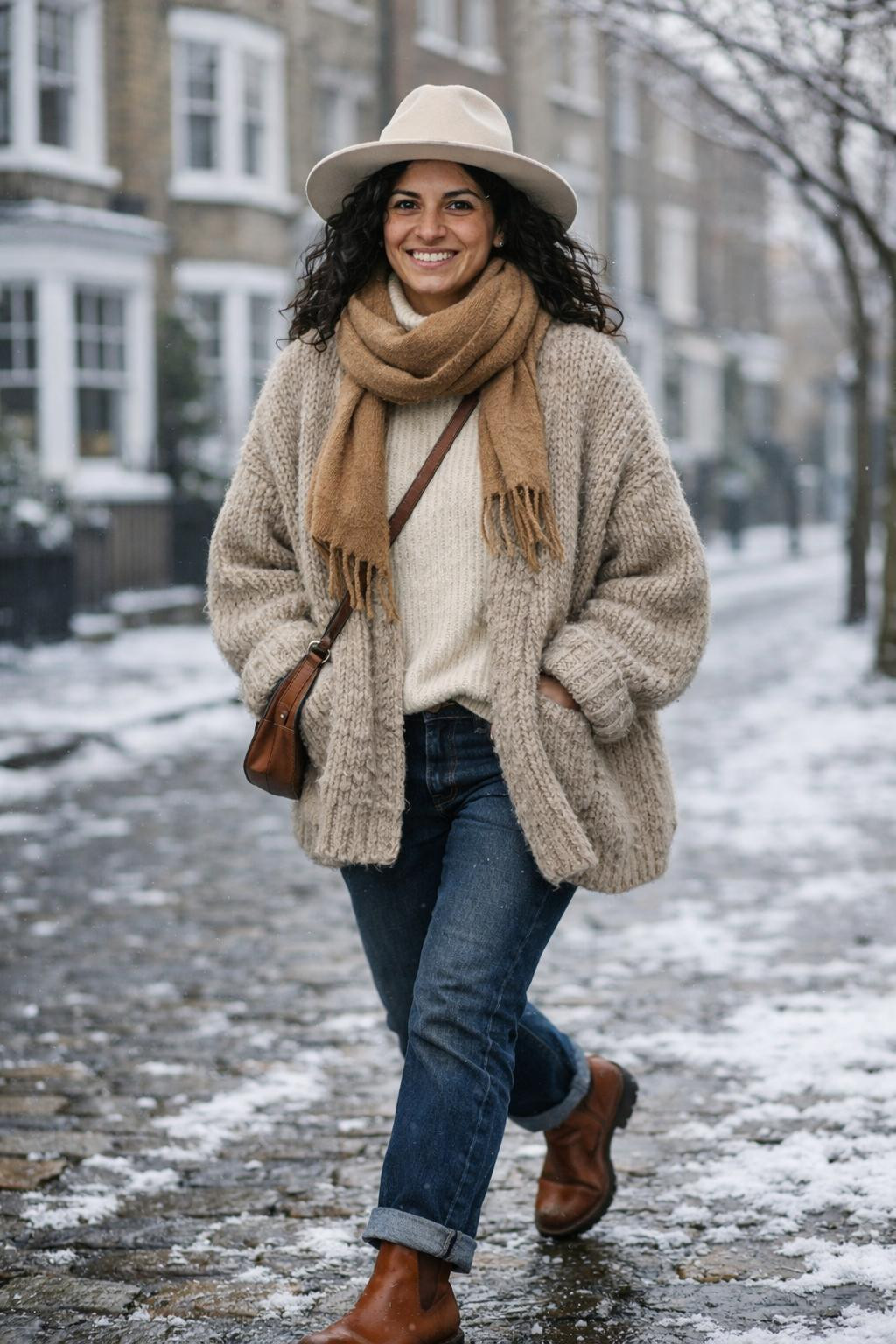 Cute winter outfits with oversized beige cardigan and felt hat