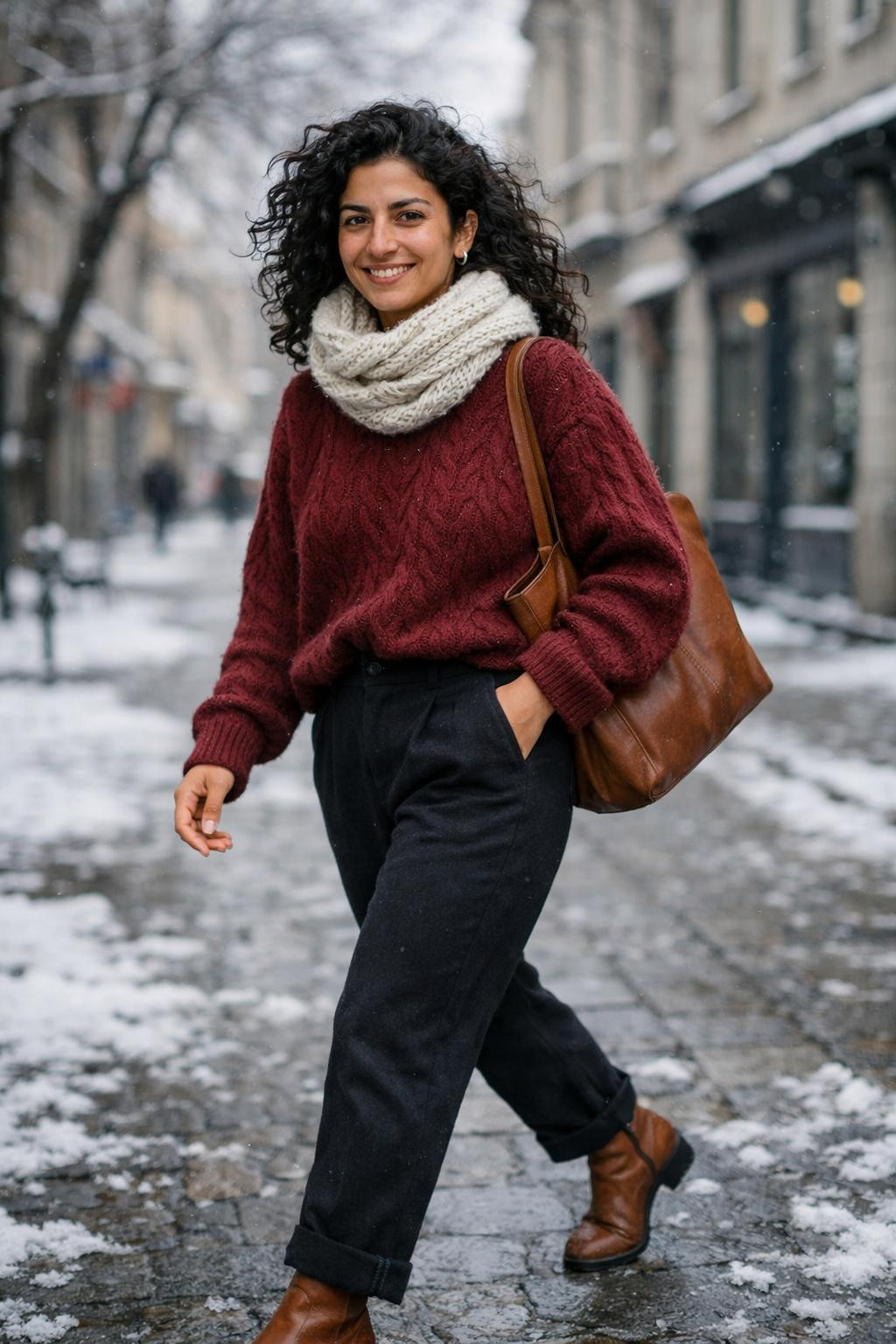 Cute winter outfits with oversized burgundy sweater and black trousers
