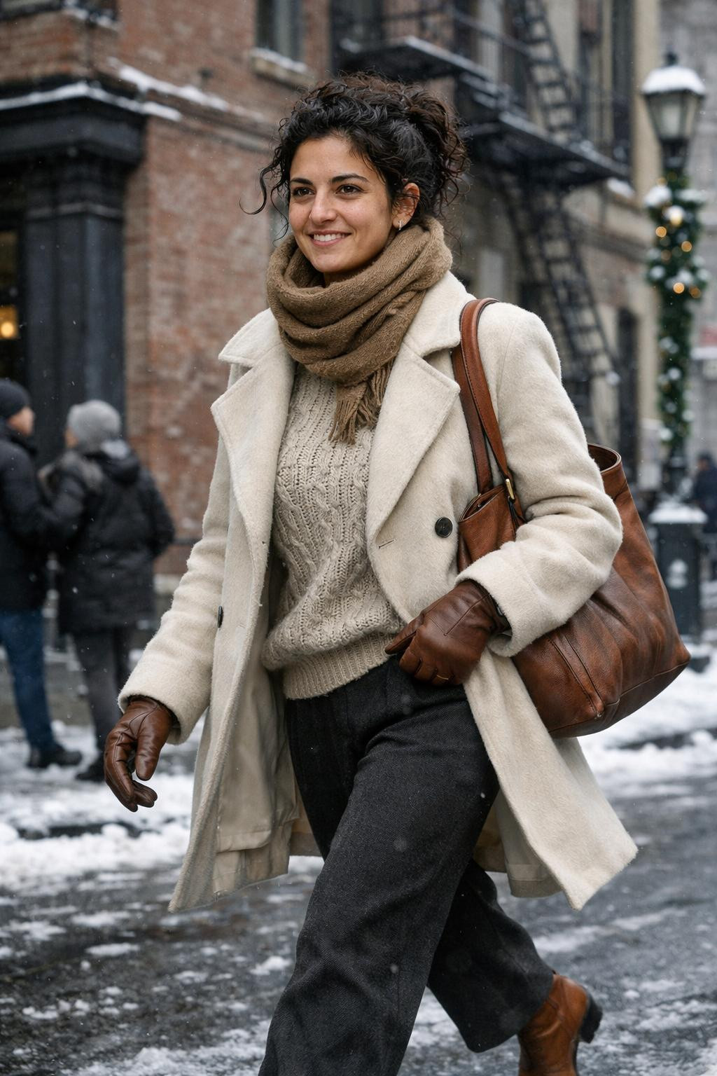 Cute winter outfits with cream wool peacoat and wide-leg trousers
