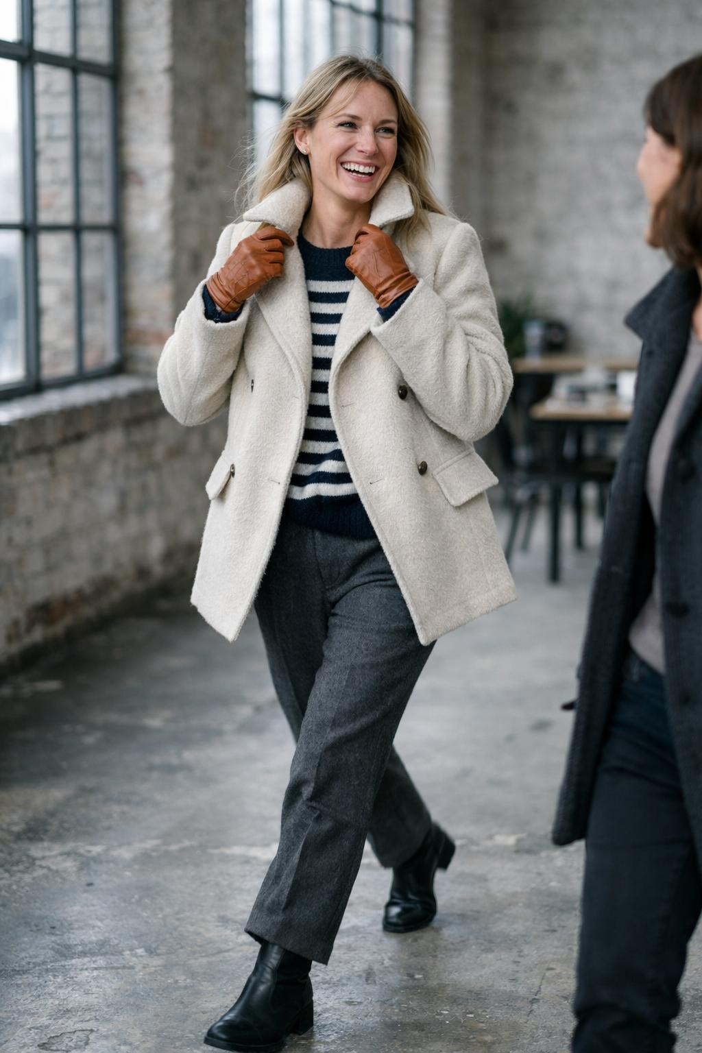 Classy winter outfits with cream peacoat and navy stripes