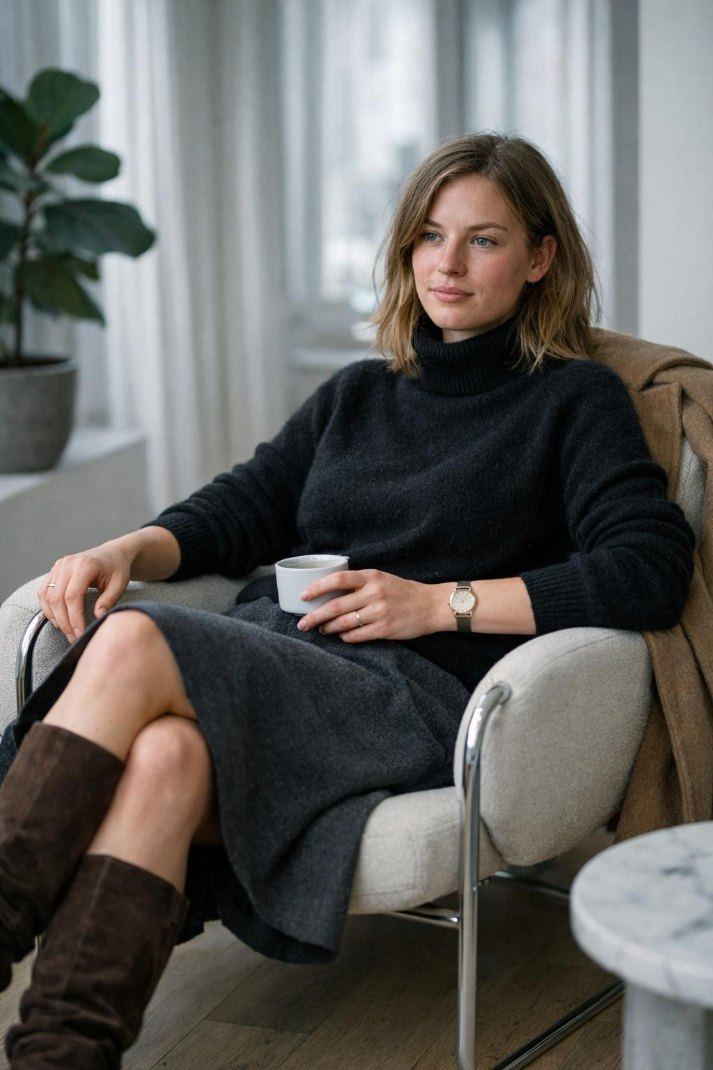 Classy winter outfits with black cashmere and charcoal midi skirt