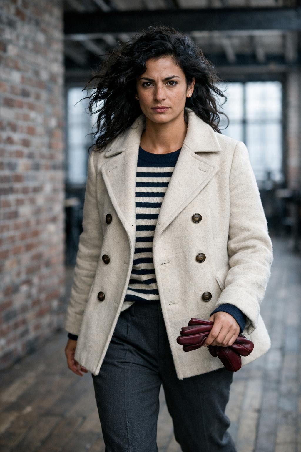 Classy winter outfits with cream wool peacoat and navy stripes