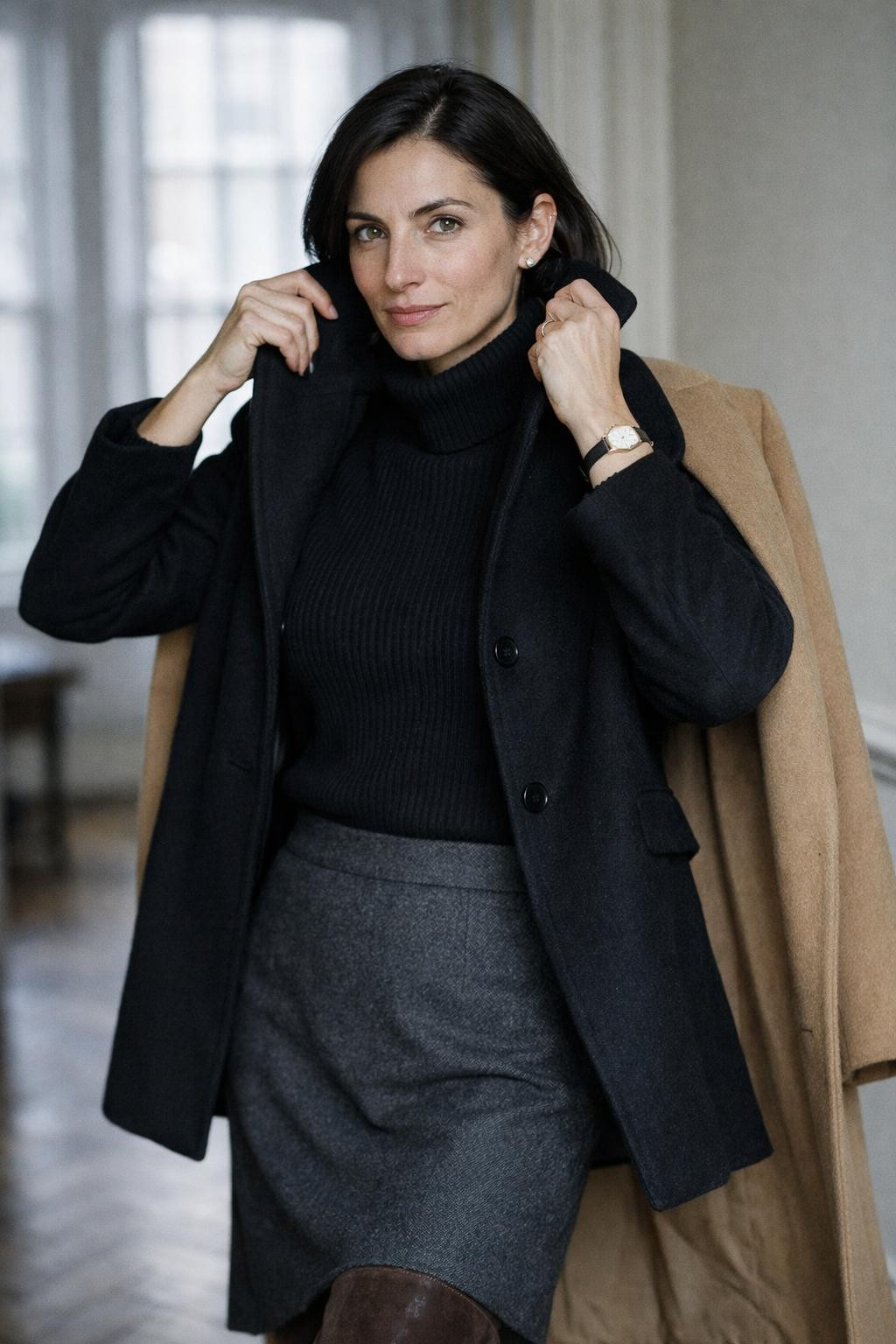 Classy winter outfits with camel cashmere coat and black midi skirt