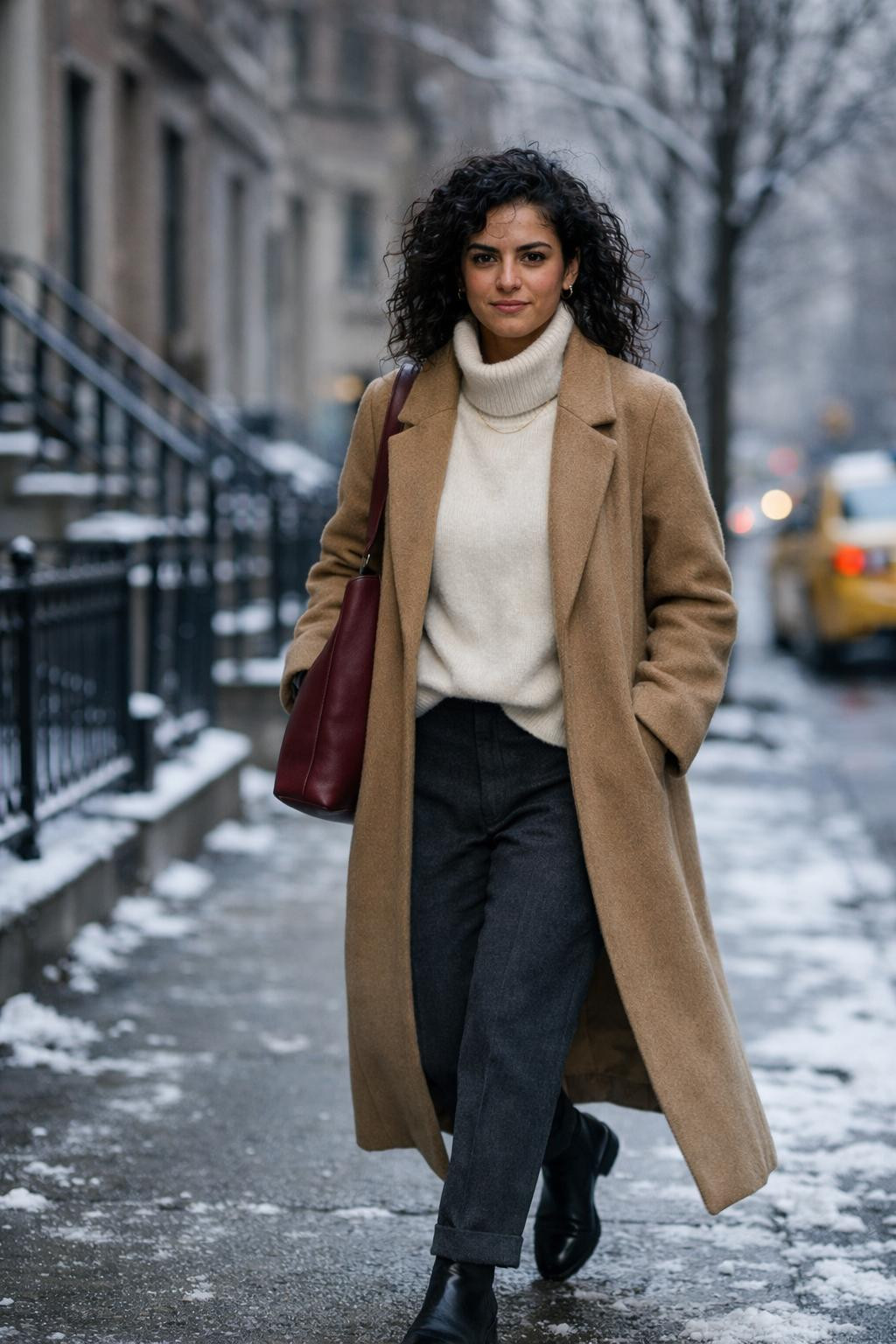 Classy winter outfits with camel wool coat and cashmere turtleneck
