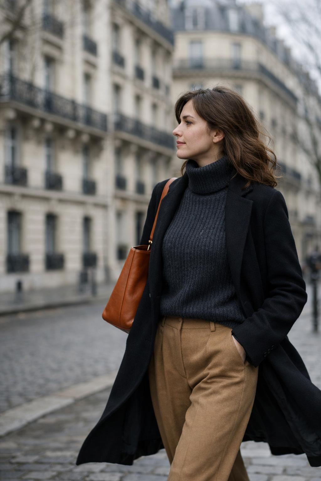 Classy winter outfits with black turtleneck and camel coat