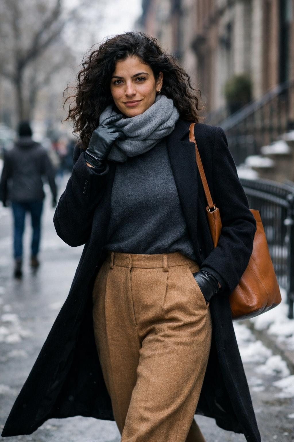 Classy winter outfits with charcoal cashmere coat and camel trousers