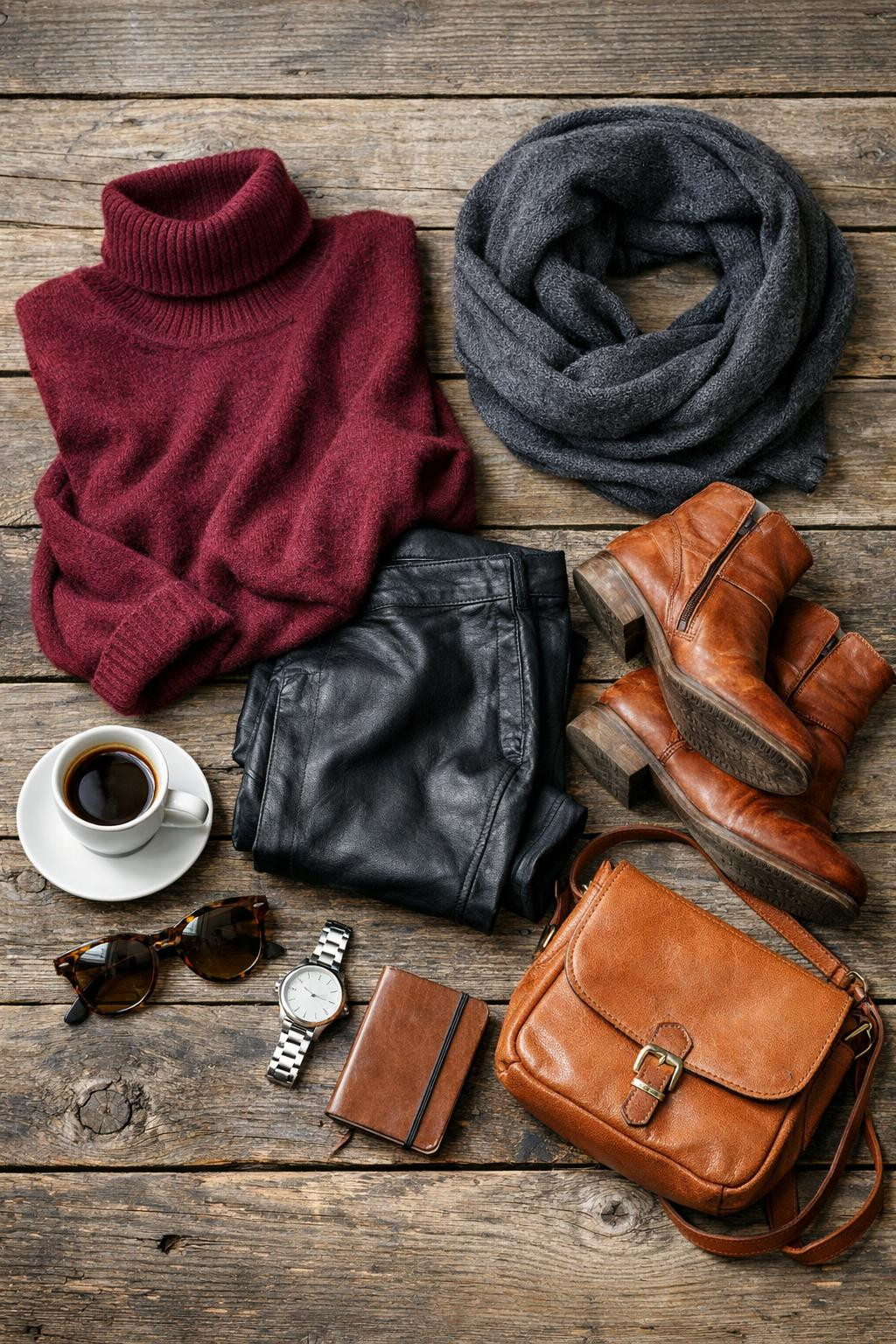 Classy winter outfits with burgundy cashmere and leather pants