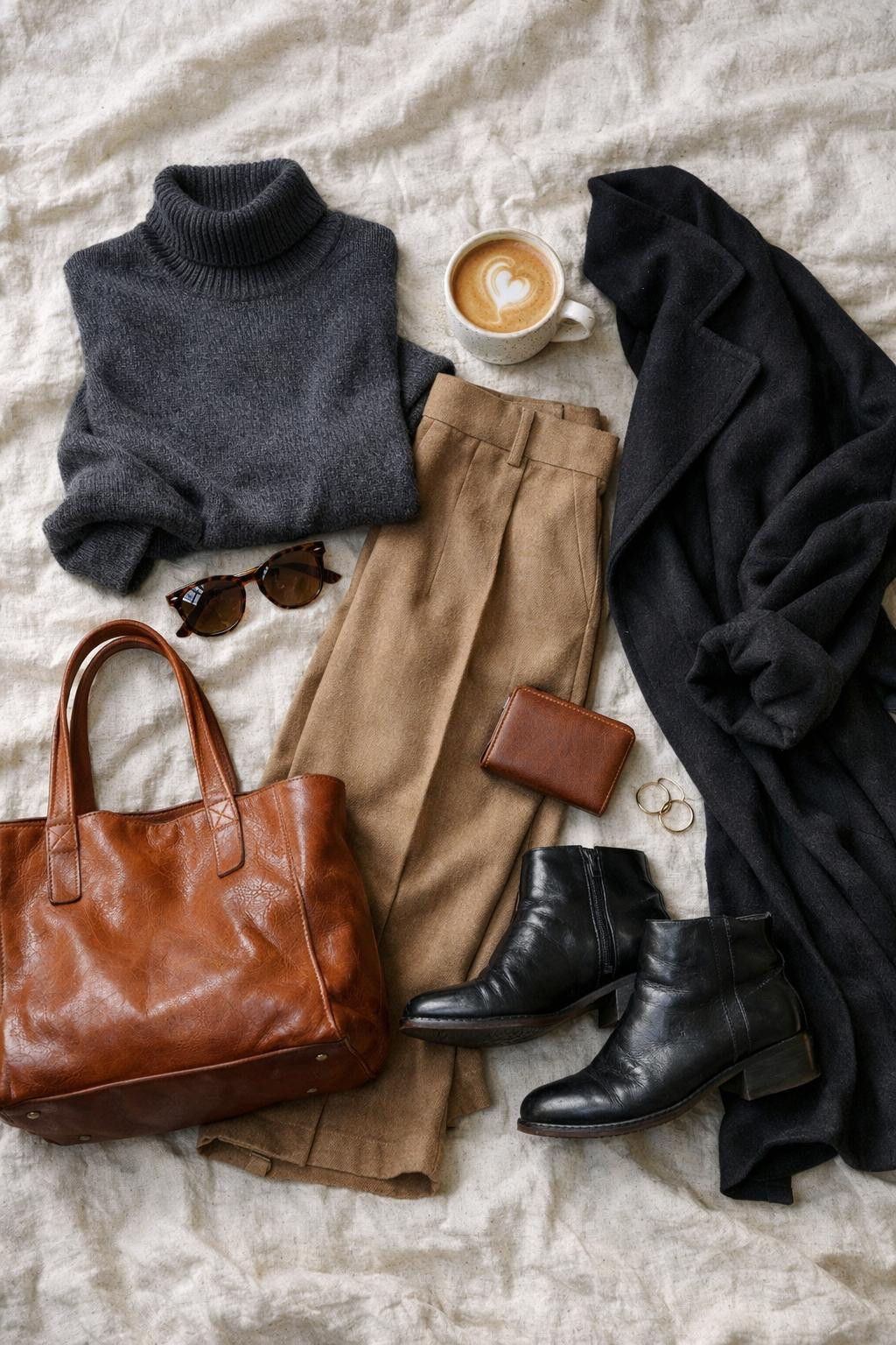 Classy winter outfits with charcoal cashmere and camel trousers