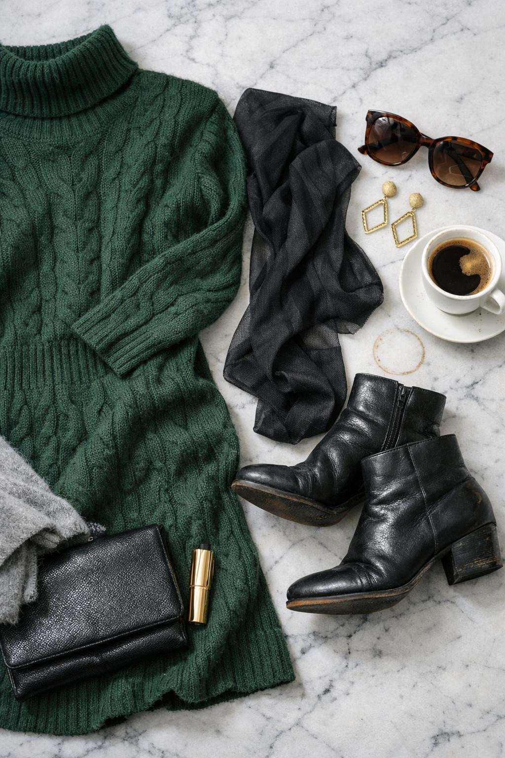 Classy winter outfits with forest green cable knit dress