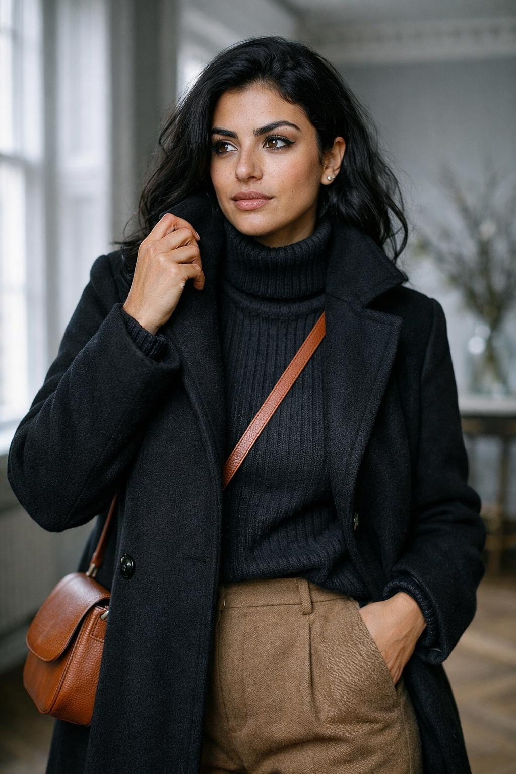 Classy winter outfits with black structured coat and camel trousers