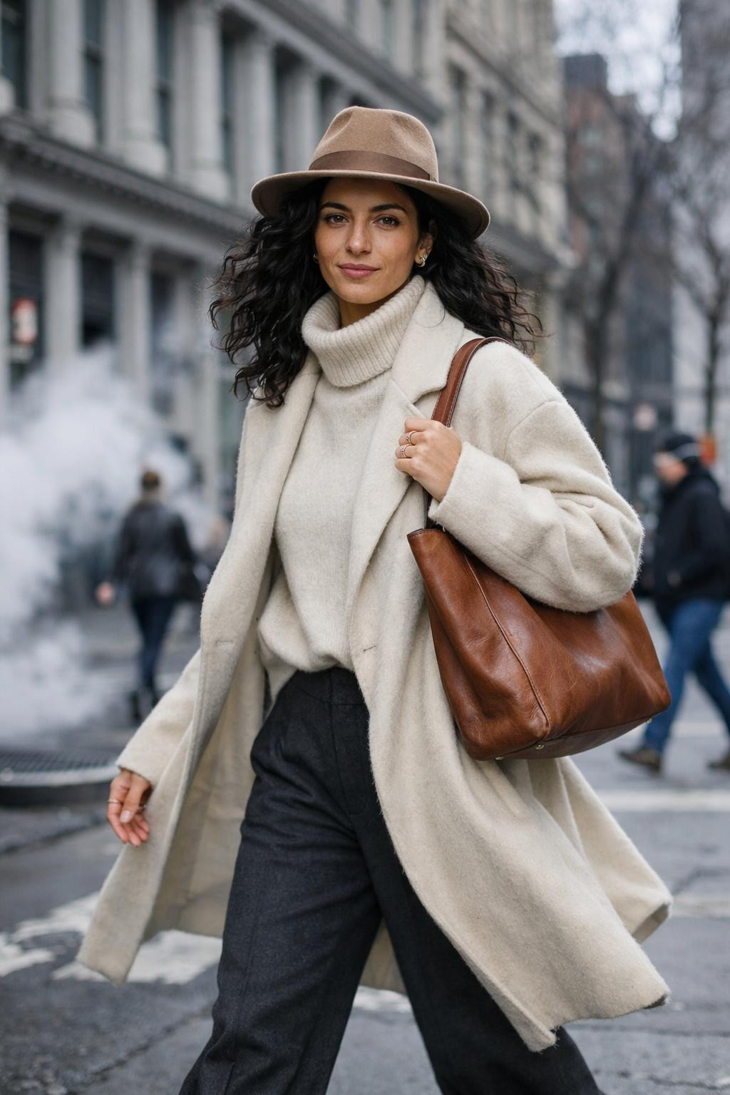 Classy winter outfits with cream cashmere coat and ivory layers