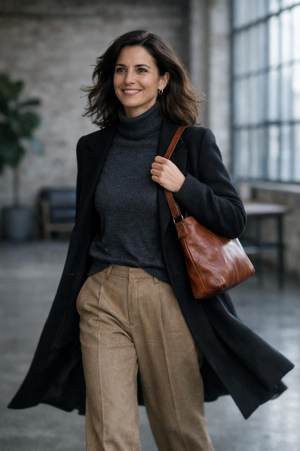 Classy winter outfits with camel wool coat and merino turtleneck