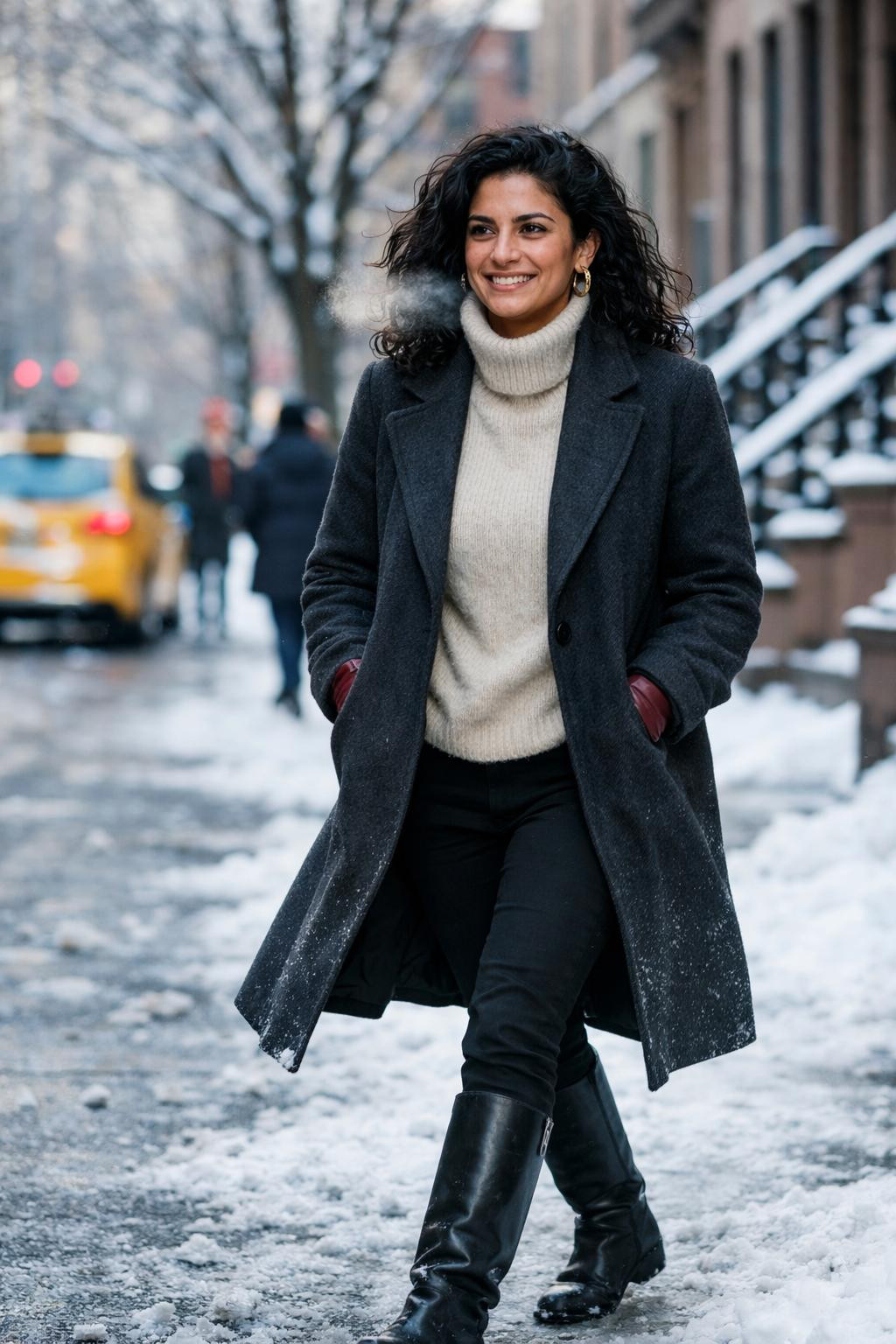 Classy winter outfits with charcoal wool coat and cashmere layers