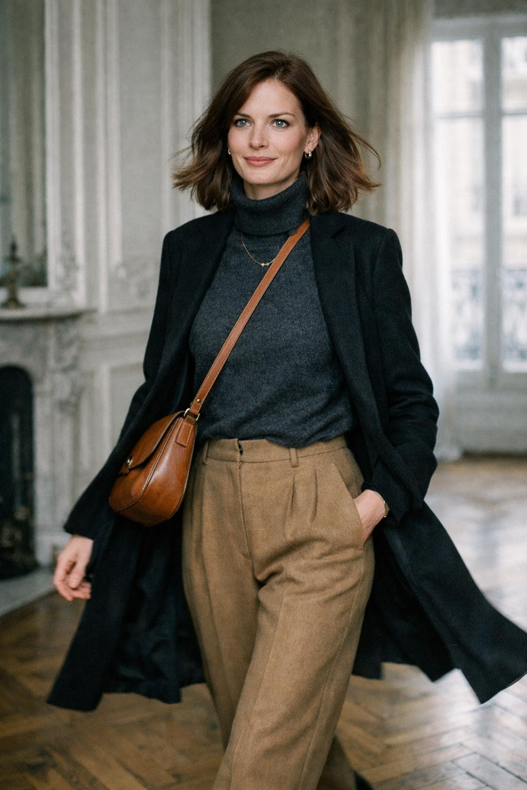 Winter birthday outfit with charcoal turtleneck and camel wide-leg trousers