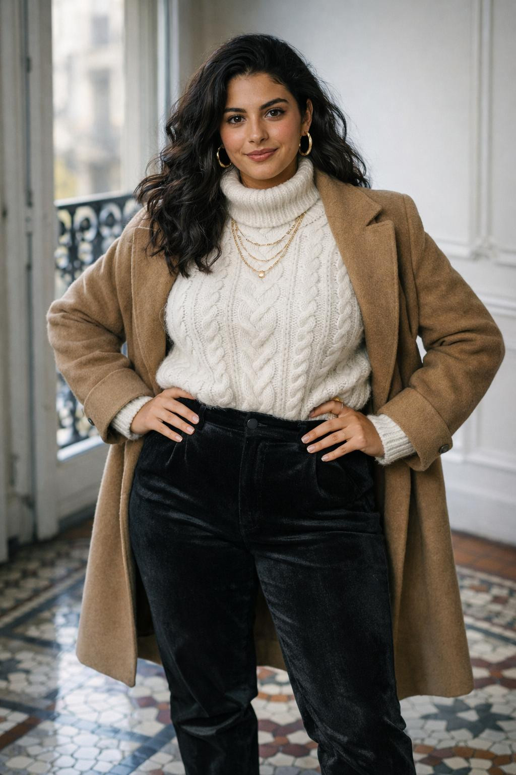 Winter birthday outfit with cream cable-knit sweater and black velvet pants