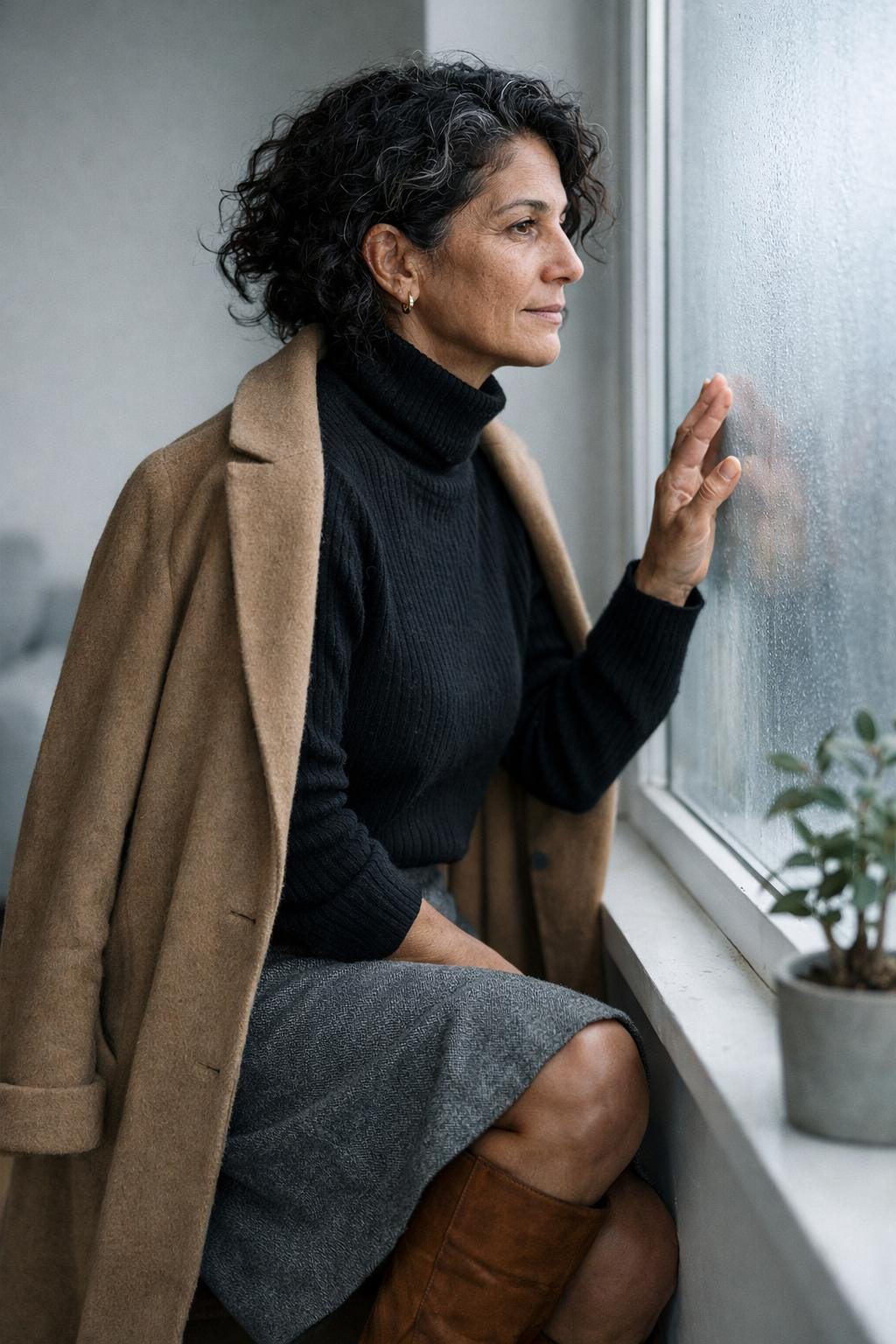 Winter birthday outfit with black turtleneck and grey midi skirt