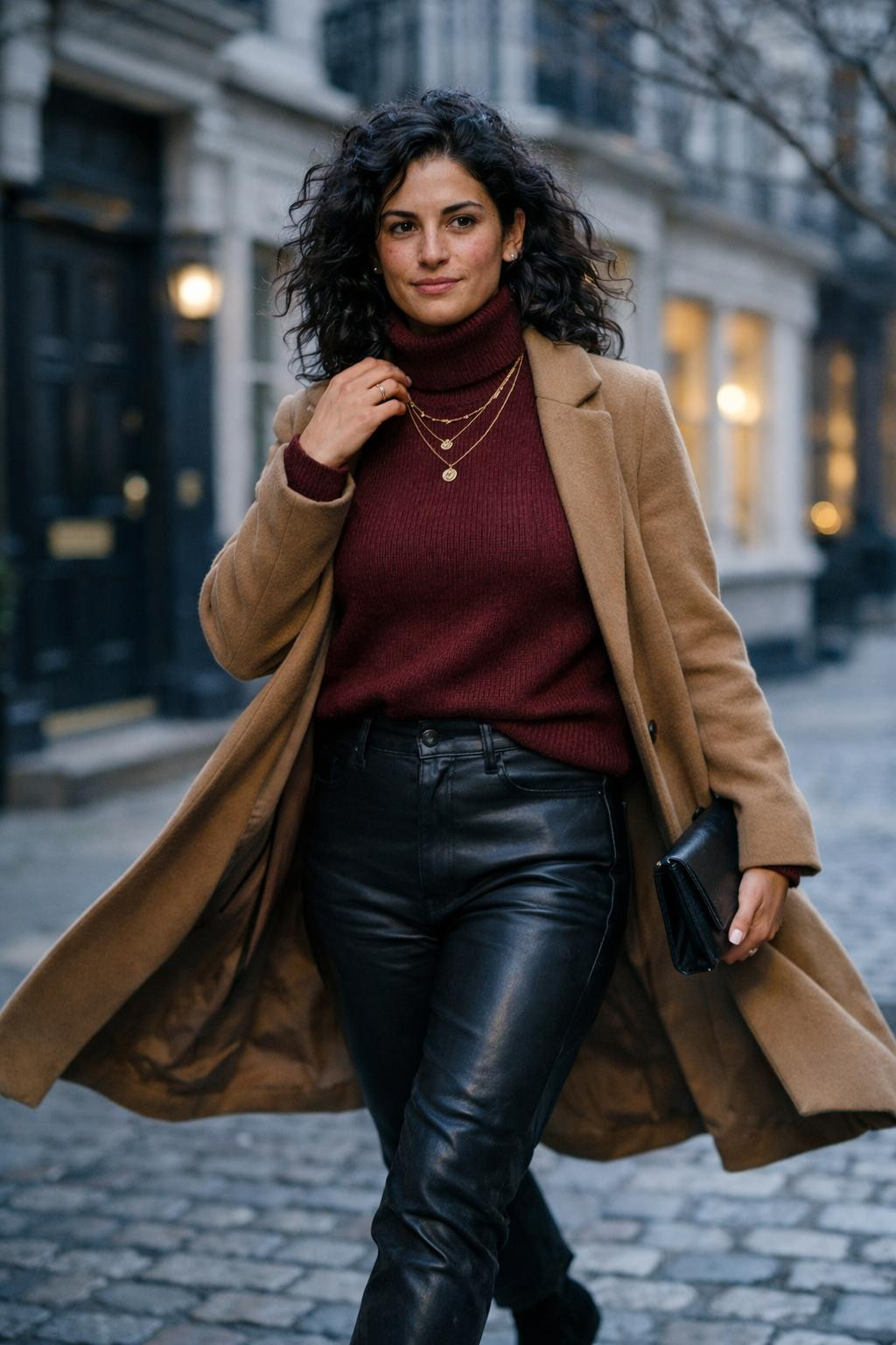 Winter birthday outfit with burgundy cashmere turtleneck and black leather pants
