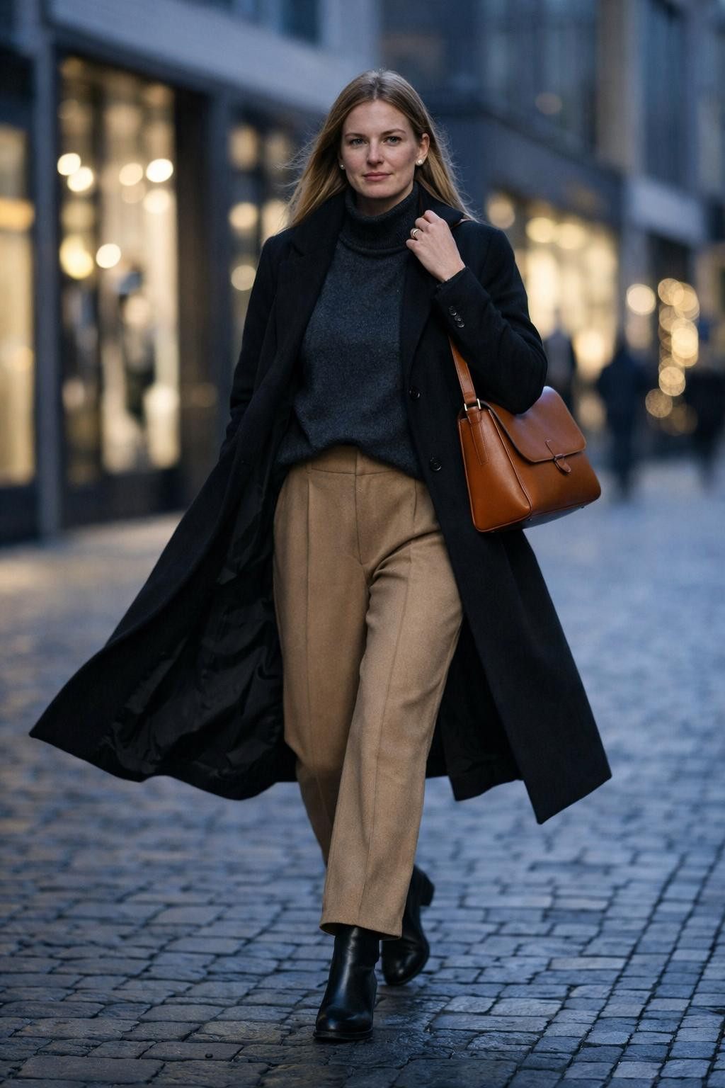 Winter birthday outfit with charcoal turtleneck and draped black coat