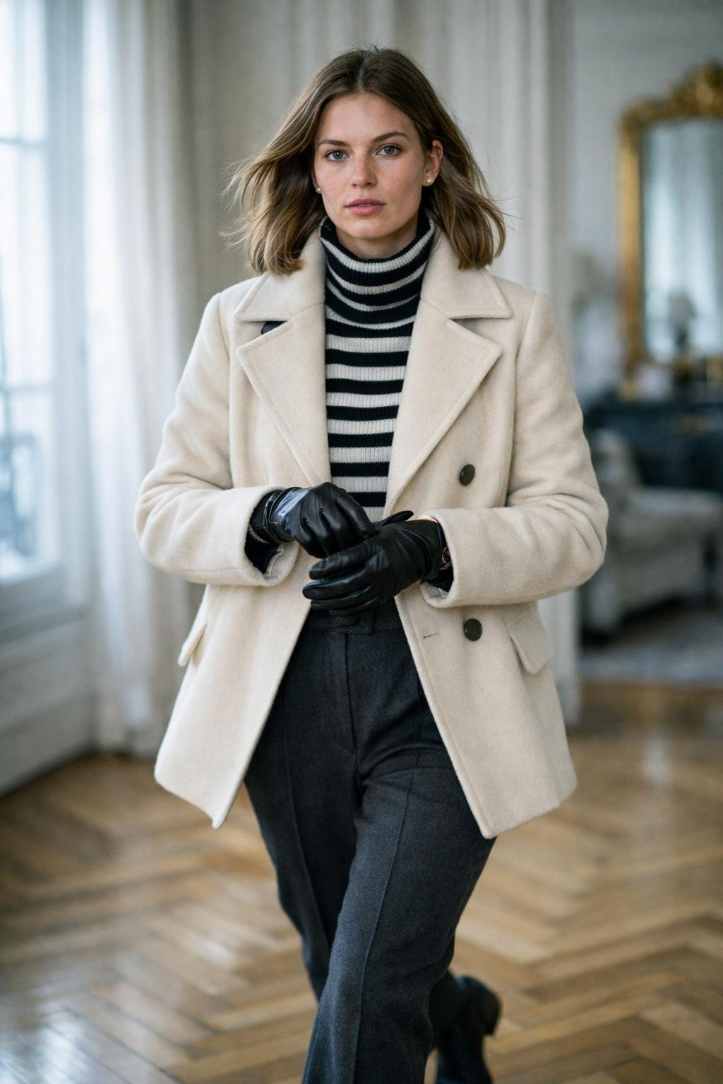 Winter birthday outfit with cream wool peacoat and striped cashmere sweater