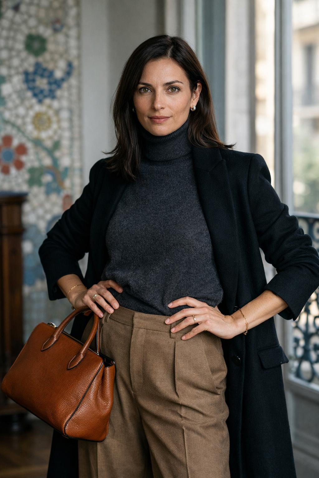 Winter birthday outfit with charcoal turtleneck and camel wide-leg wool pants