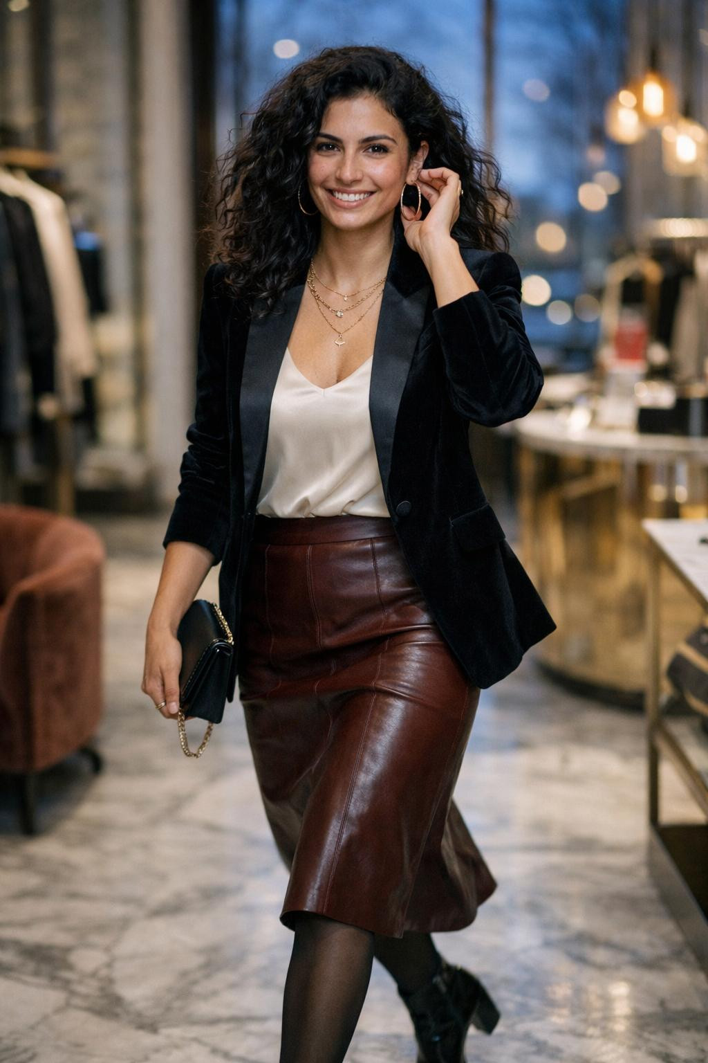 Winter birthday outfit with black velvet blazer and burgundy leather skirt
