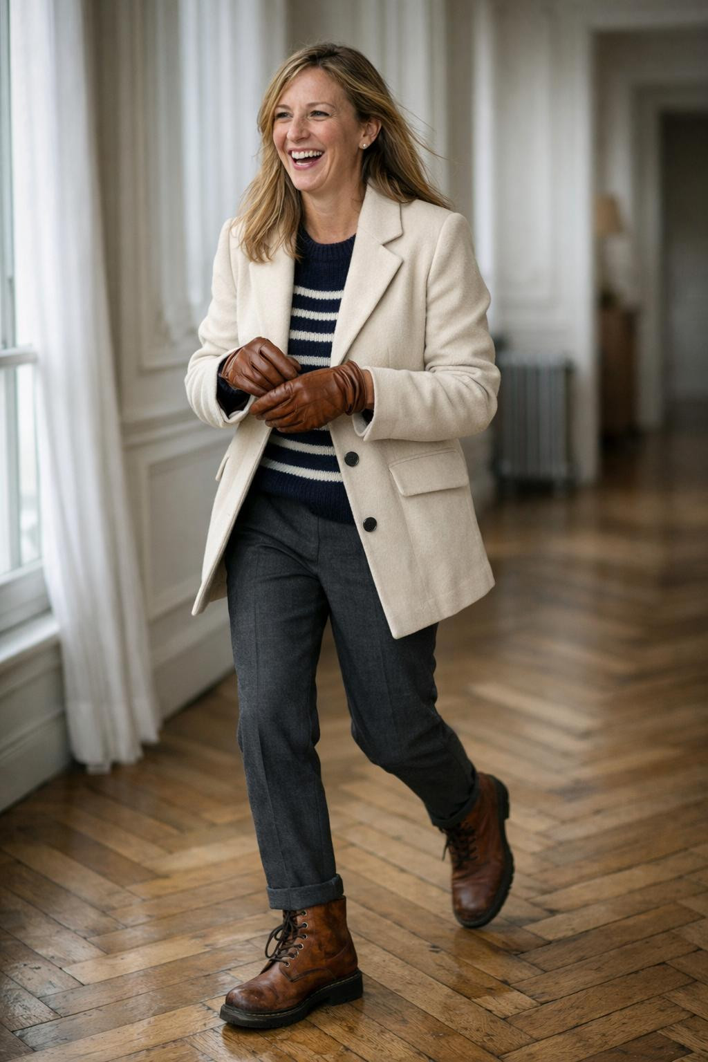 Winter shoes with cognac ankle boots on herringbone floors