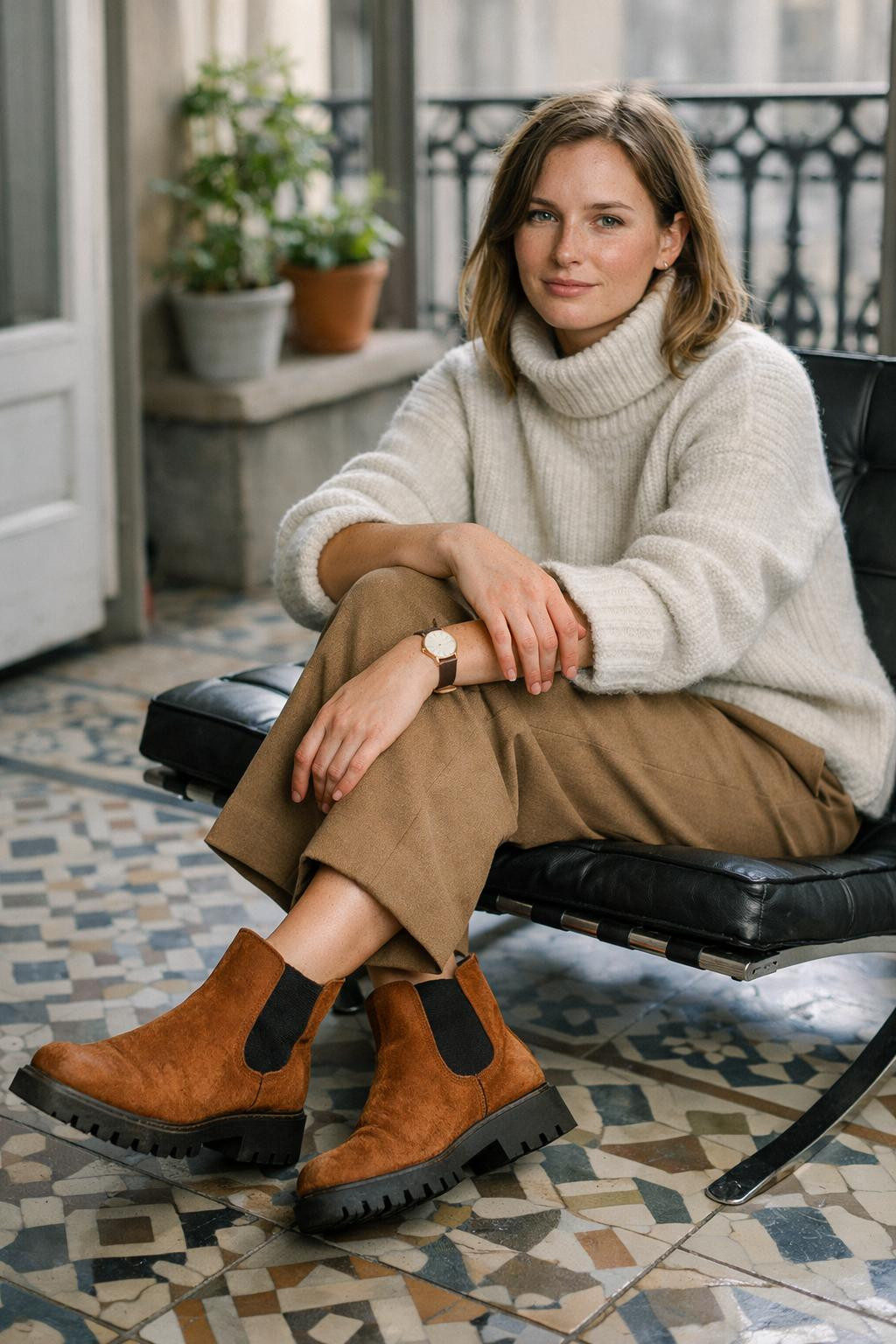 Winter shoes with cognac ankle boots on decorative tiles