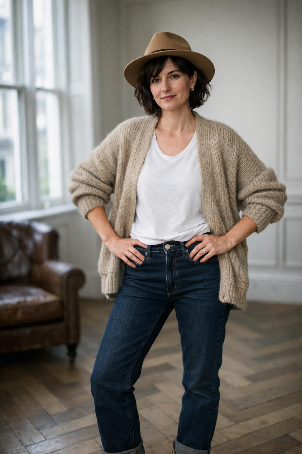 Winter shoes featuring tan Chelsea boots with cardigan