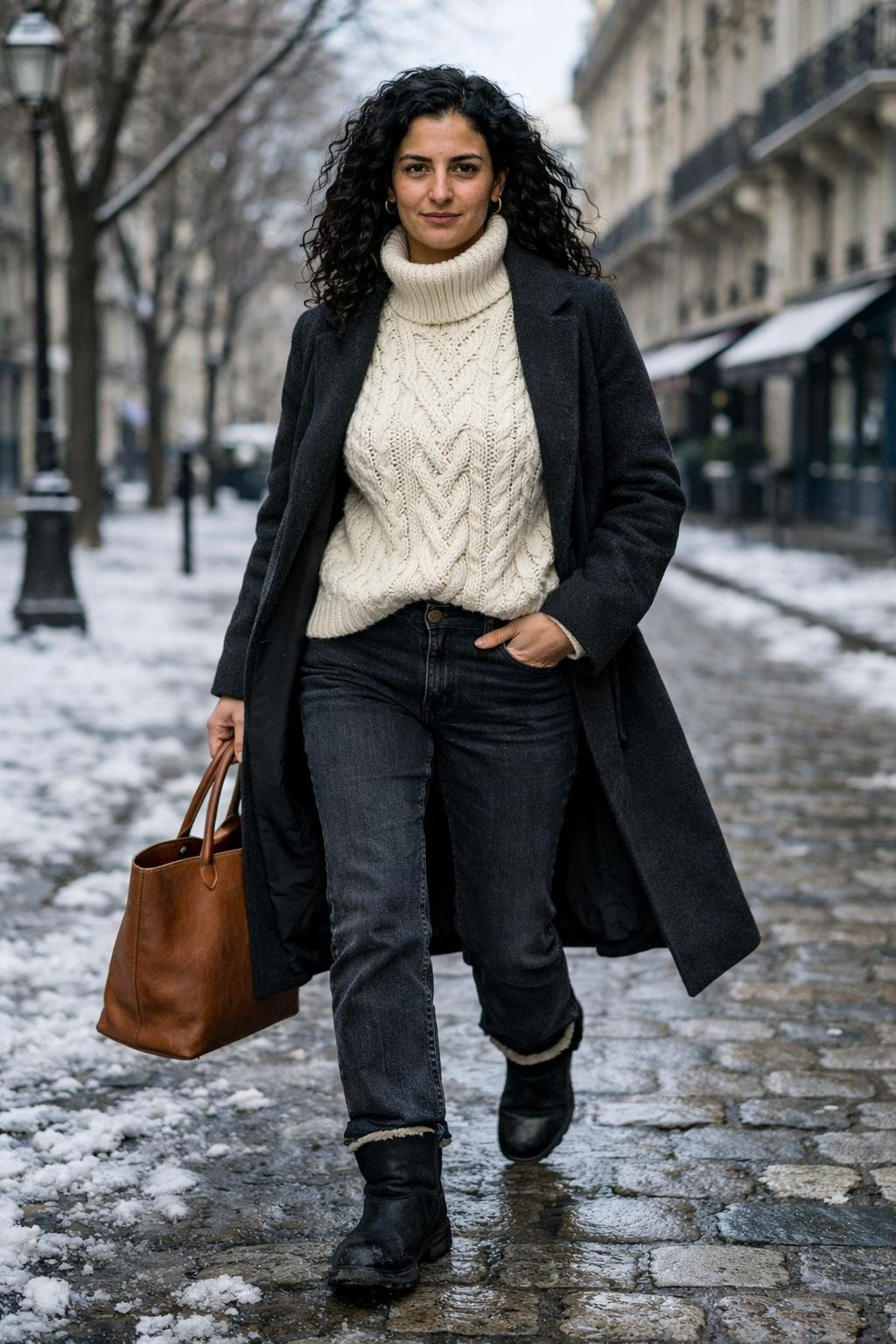 Winter shoes featuring black shearling boots in snow