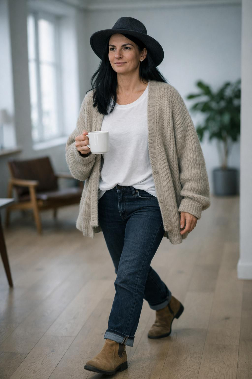 Winter shoes with tan suede Chelsea boots and cardigan