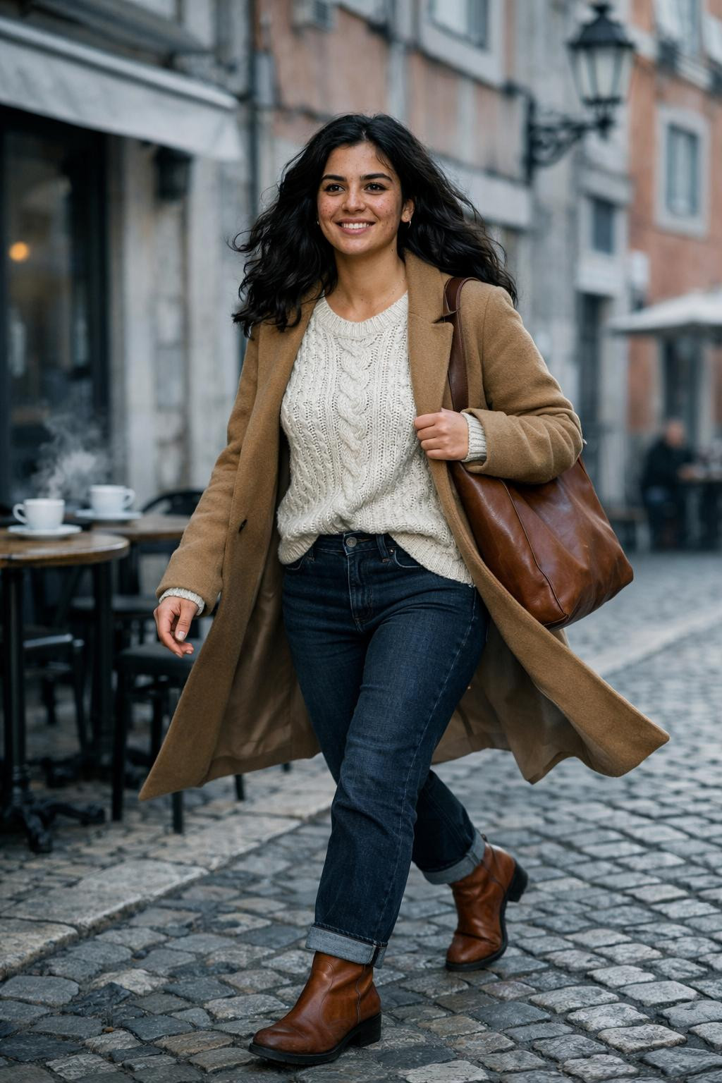 Winter shoes featuring cognac leather boots with cable knit sweater