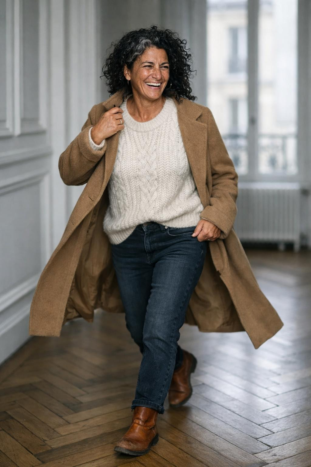 Winter shoes with cognac ankle boots and cream cable knit sweater