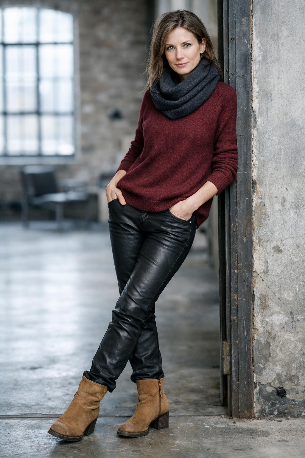 Winter shoes with tan suede boots and burgundy turtleneck