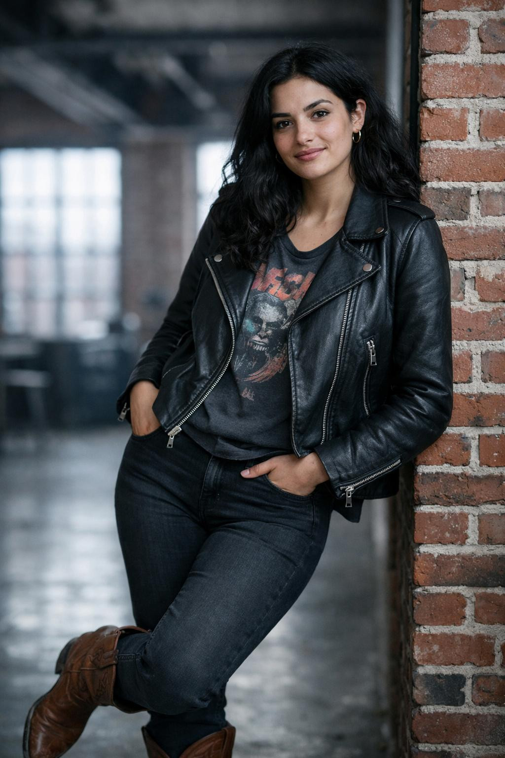 Cowboy boots outfit with black leather moto jacket and brown cowboy boots