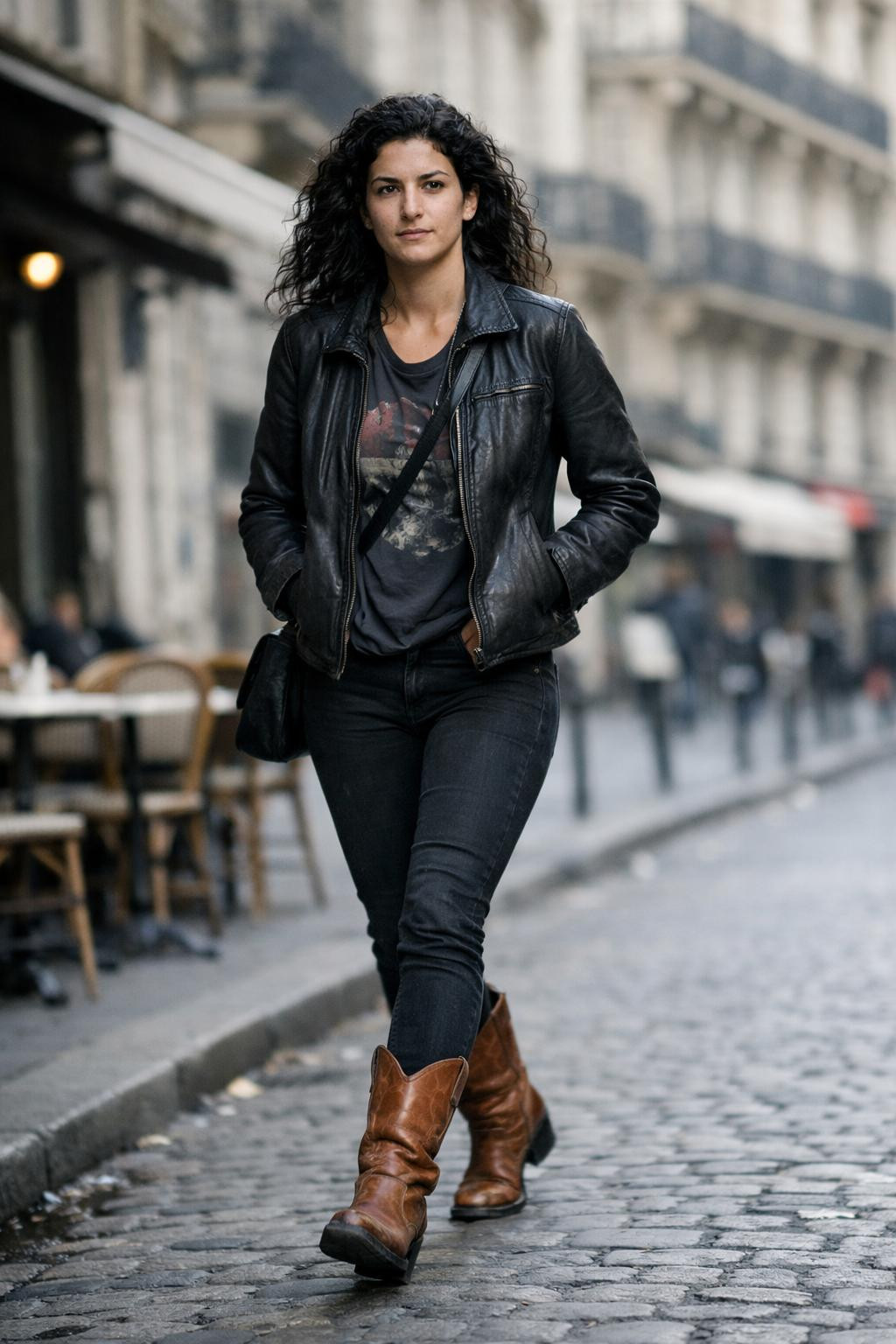 Cowboy boots outfit with distressed black leather jacket and cognac cowboy boots
