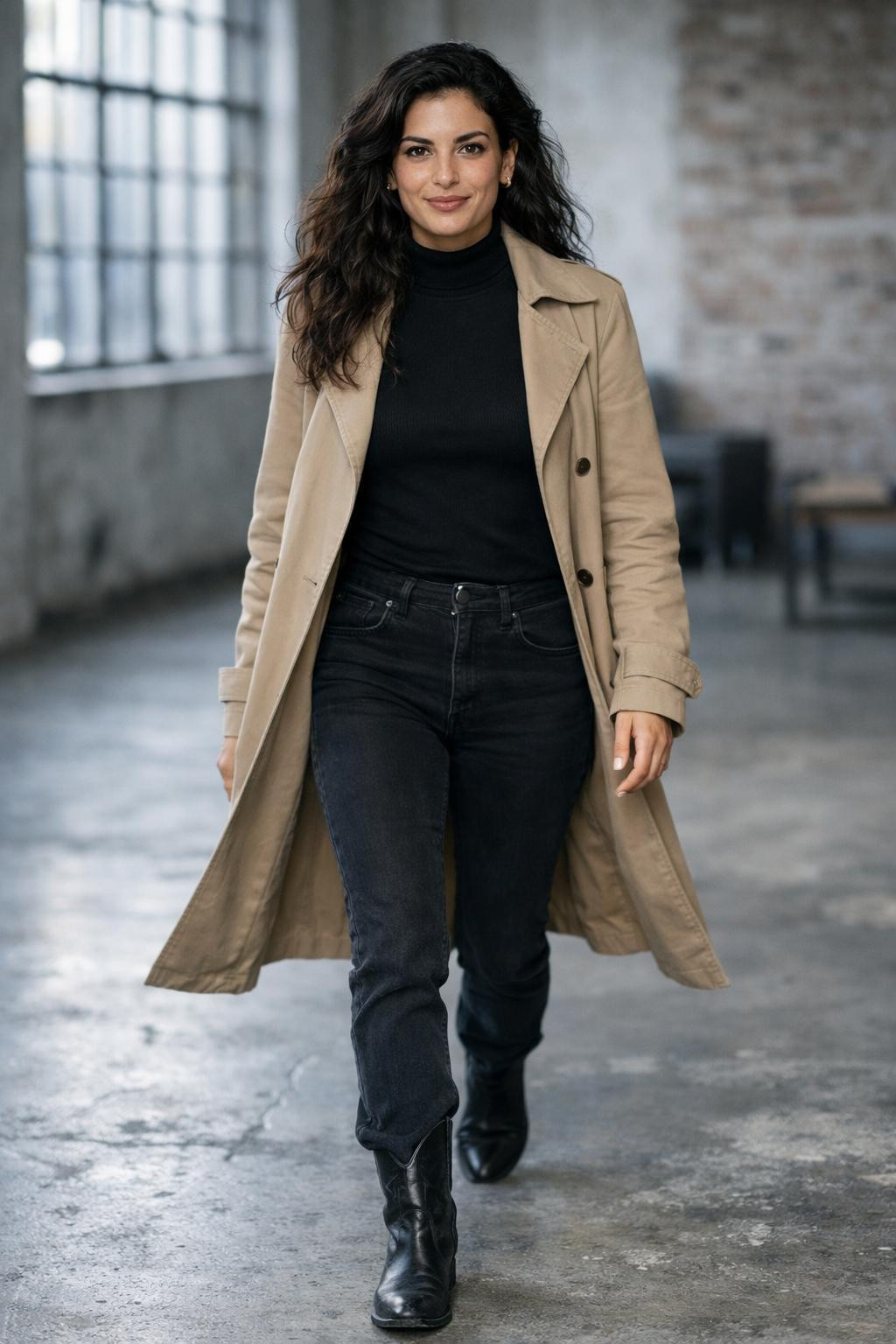 Cowboy boots outfit with sand trench coat and black pointed-toe cowboy boots