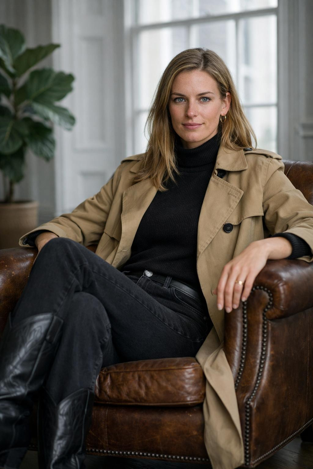 Cowboy boots outfit with camel trench coat and black pointed-toe cowboy boots