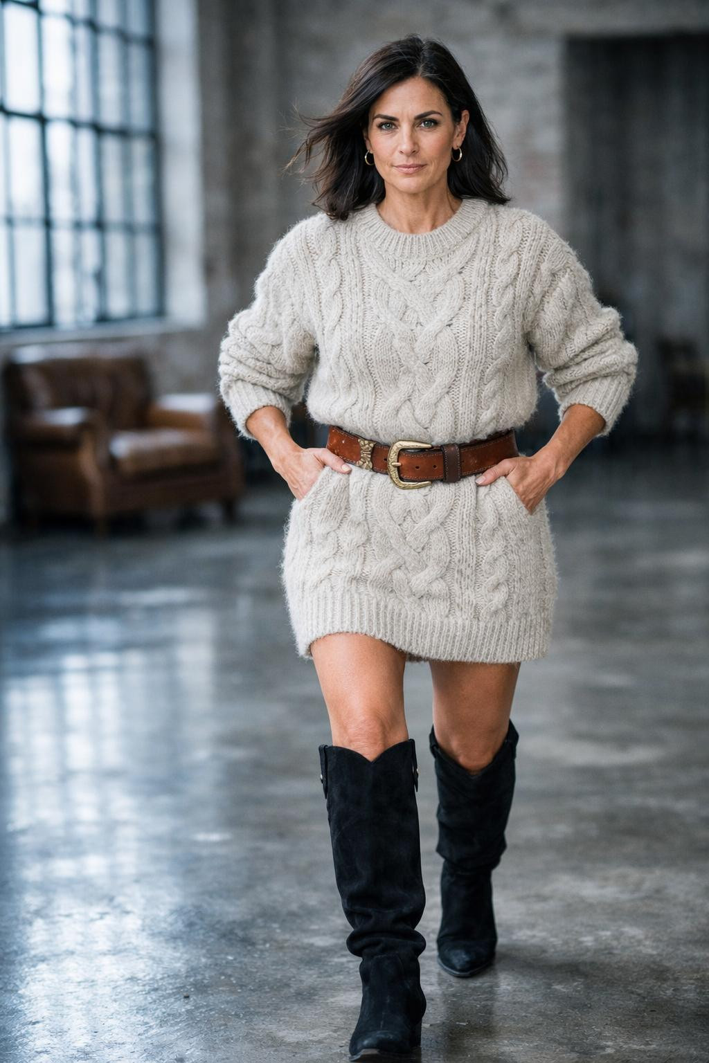Cowboy boots outfit with chunky knit sweater dress and black over-the-knee cowboy boots